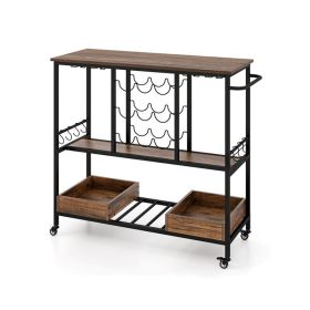 Dinning Supplies Bar Cart on Wheels with Hook & Glass Racks (type: Kitchen Supplies, Color: Rustic Brown)